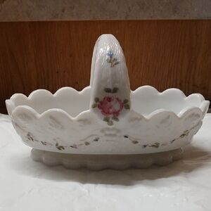 Vintage Westmoreland Glass Basket, Milk Glass Paneled Grape Oval Basket